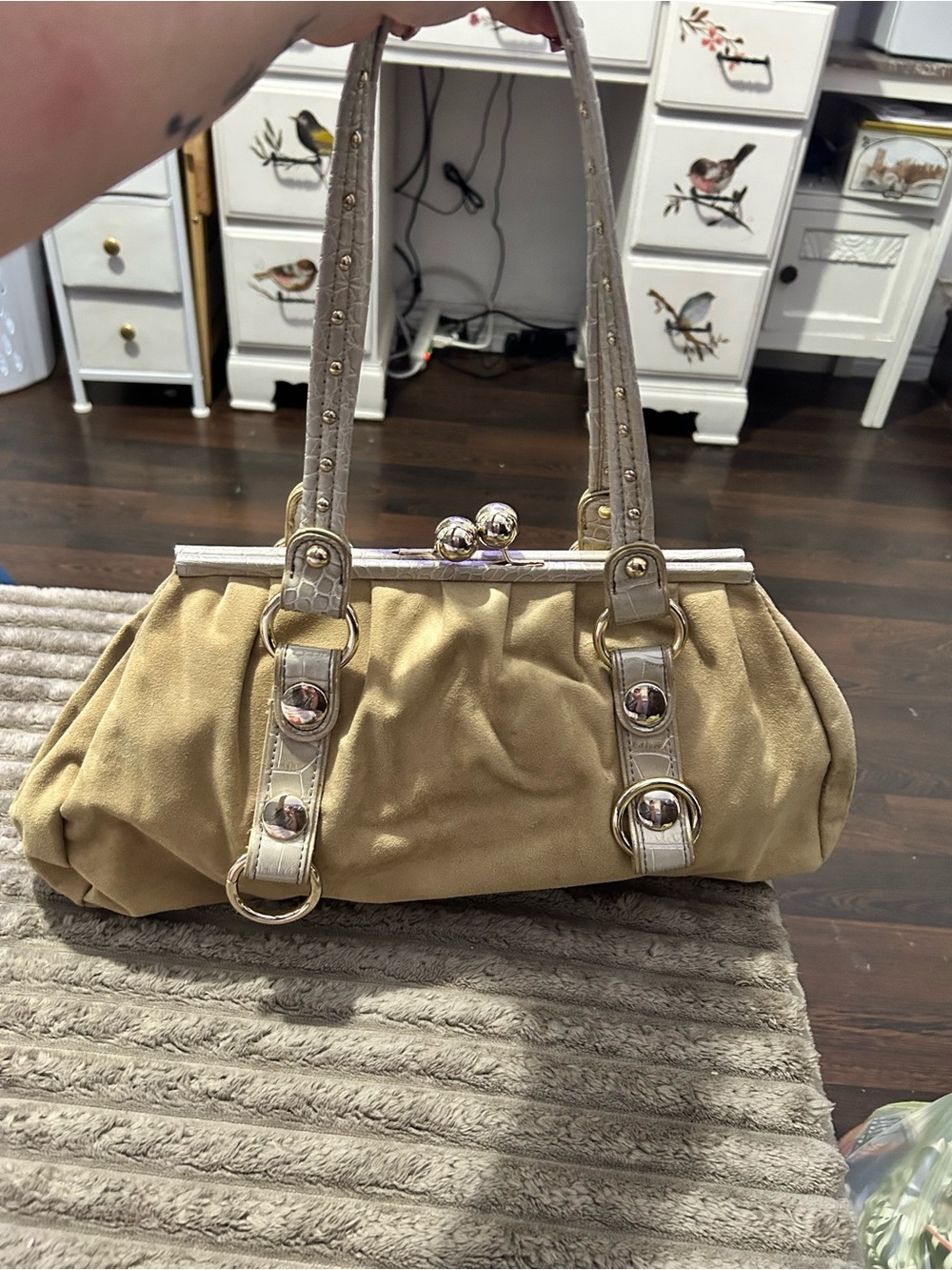 Kathy Van Zeeland Tan Suede Frame Shoulder Bag with Cream Trim